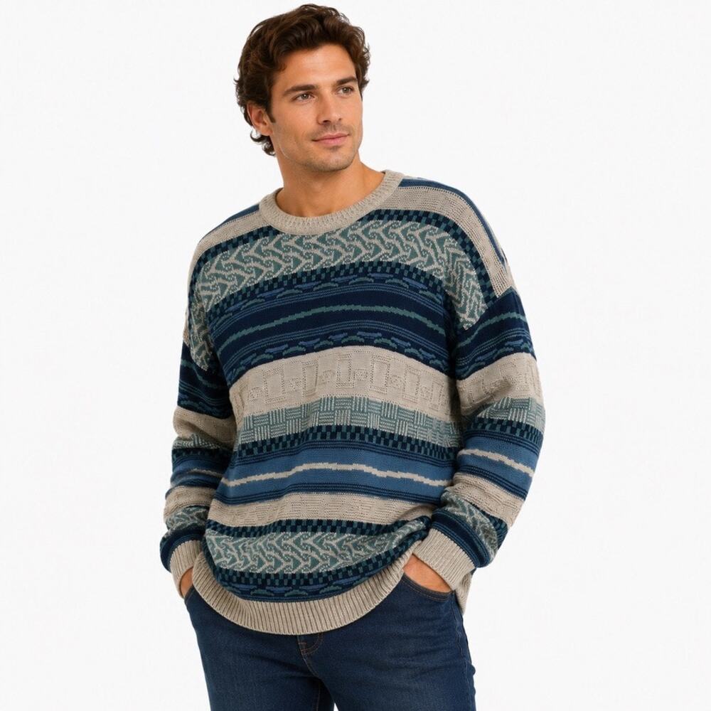Armand Thiery Men XL Blue Knit Sweater Vintage Oversized Geometric Striped Retro
